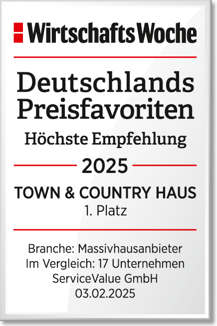 WirtschaftsWoche Siegel: Deutschlands Preisfavoriten 2025, 1. Platz Massivhausanbieter · Town & Country Haus